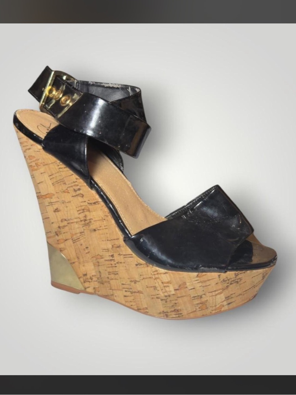 Colin Stuart Black Cork Wedge Sandals with Ankle Buckle Size 8
